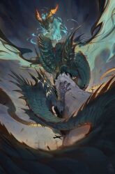 Rule 34 | absurdres, animal focus, chinese commentary, claws, commentary, commission, cporing, dragon, english commentary, from below, glowing, glowing eyes, grey sky, highres, horns, looking at viewer, mixed-language commentary, monster, no humans, open mouth, orange eyes, original, outdoors, planted, planted sword, planted weapon, scales, sharp teeth, sky, solo, sword, tail, teeth, weapon, western dragon, wings