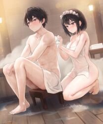 1boy 1girl absurdres barefoot bathroom black_eyes black_hair blush bob_cut breasts brick_wall cleavage commentary_request covering_privates deep_dark_wolf highres kneeling korean_commentary large_breasts maid_headdress mixed-sex_bathing naked_towel nude_cover on_stool original second-party_source shared_bathing short_hair sitting toes towel washing_back wooden_stool