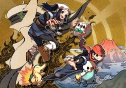 1boy 1girl absurdres akari_(pokemon) arceus bad_id bad_pixiv_id black_hair black_pantyhose black_shirt brown_background brown_footwear closed_mouth colored_sclera commentary_request creatures_(company) cyndaquil fog game_freak gen_2_pokemon gen_4_pokemon gen_5_pokemon gen_7_pokemon green_sclera grey_jacket grey_pants grey_skirt hat headscarf highres holding holding_poke_ball jacket legendary_pokemon long_hair loose_socks mountain mythical_pokemon nintendo open_mouth oshawott pants pantyhose poke_ball hisuian_poke_ball pokemon pokemon_(creature) pokemon_legends:_arceus ponytail red_eyes red_headwear red_scarf rei_(pokemon) rowlet scarf shirt shoes sidelocks skirt socks starter_pokemon_trio teeth tongue umeda_warehouse upper_teeth_only white_headscarf white_pantyhose