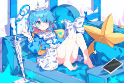 1girl absurdres arona_(blue_archive) barefoot blue_archive blue_eyes blue_hair blue_halo blue_shirt bow bowtie chinese_commentary commentary couch hairband halo highres hua-huahua multicolored_hair on_couch pink_hair sailor_collar shirt short_hair skirt smile solo star_(symbol) tablet_pc umbrella umbrella_gun white_bow white_bowtie white_hairband white_sailor_collar white_skirt