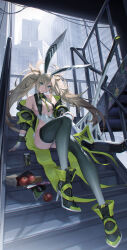1girl absurdres ainezu animal_ears ankle_boots apple aqua_eyes bare_shoulders blonde_hair boots breasts building bunny_day can closed_mouth commentary_request day drink_can earrings fake_animal_ears fake_tail fingerless_gloves food fruit full_body gloves gradient_clothes hair_ornament high_heel_boots high_heels highleg highleg_leotard highres jewelry leotard long_hair long_sleeves looking_at_viewer medium_breasts off_shoulder original outdoors rabbit_tail sitting smile soda_can solo stairs tail thighhighs thighs zipper zipper_pull_tab