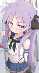 Rule 34 | 1girl, absurdres, black neckerchief, black panties, black ribbon, blue sailor collar, blue skirt, cosplay, crop top, elbow gloves, flat chest, gloves, hair ribbon, highleg, highleg panties, highres, hiiragi kagami, kantai collection, long hair, looking at viewer, lucky star, microskirt, navel, neckerchief, nicomi-chan, panties, pleated skirt, purple eyes, purple hair, ribbon, sailor collar, shimakaze (kancolle), shimakaze (kancolle) (cosplay), skirt, solo focus, speech bubble, spoken blush, standing, striped clothes, thighhighs, thong, twintails, underwear, very long hair, white gloves
