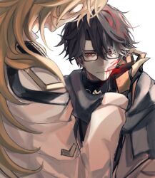 2boys absurdres black_gloves black_scarf blonde_hair blood blood_on_cheek blood_on_hands brown_hair closed_mouth coat expressionless glaring glasses gloves grey_coat hand_on_another&#039;s_cheek hand_on_another&#039;s_face high_collar highres honkai:_star_rail honkai_(series) jacket kt-hl long_hair long_sleeves looking_at_another male_focus multicolored_hair multiple_boys red_eyes ringed_eyes scarf short_hair simple_background streaked_hair two-tone_hair void_archives welt_yang white_background white_hair white_jacket yaoi