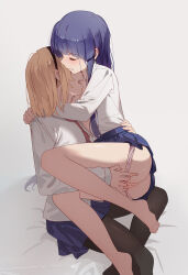 Rule 34 | 2girls, absurdres, arms around neck, bed sheet, black dress, black hairband, black pantyhose, blonde hair, blue skirt, blush, closed eyes, dress, fingering, furude rika, grey background, hairband, hand on another&#039;s back, highres, higurashi no naku koro ni, higurashi no naku koro ni gou, houjou satoko, imminent bite, long hair, long sleeves, medium hair, multiple girls, necktie, open clothes, open mouth, open shirt, panties, panty pull, pantyhose, pink panties, pleated skirt, purple hair, pussy, pussy juice, pussy juice trail, red necktie, school uniform, shirt, sitting, sitting on lap, sitting on person, skirt, st. lucia academy school uniform, uncensored, underwear, usamin (megumikira), white shirt, yuri