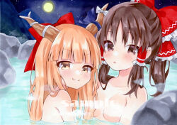 2girls bathing blush bow breasts brown_hair brown_horns censored_nipples closed_mouth commentary_request completely_nude convenient_censoring fang frilled_bow frilled_hair_tubes frills full_moon hair_bow hair_tubes hakurei_reimu highres horn_bow horn_ornament horn_ribbon horns ibuki_suika long_hair looking_at_viewer marker_(medium) moon multiple_girls night night_sky nude oni onsen open_mouth orange_hair partially_submerged red_bow ribbon sample_watermark skin_fang sky smile steam steam_censor touhou traditional_media water watermark yellow_eyes yuiki_(cube)