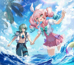1boy 1girl alternate_costume anaxa_(honkai:_star_rail) aqua_bow aqua_bowtie aqua_eyes aqua_hair ball beachball blue_sky bow bowtie commentary day dress drill_hair eyepatch green_hair green_shorts highres honkai:_star_rail honkai_(series) hyacine_(honkai:_star_rail) jacket medium_hair multicolored_hair navel ocean pink_dress pink_hair shorts sky stomach tree twin_drills two-tone_hair veryslow_zzzpin white_jacket