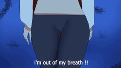 1girl air_bubble animated ass bicorne biru_saeika black_eyes blowing_bubbles breasts bubble cleavage crossed_legs detached_sleeves female_focus hat league_of_legends long_hair medium_breasts midriff miss_fortune miss_fortune_(league_of_legends) pants puffy_cheeks red_hair solo submerged swimming tagme underwater video water wavy_hair wristband