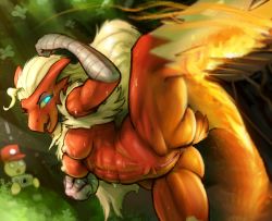 1boy 1girl abs afterimage ahoge anus arm_up beak bird_girl blaziken blonde_hair blue_eyes blurry blurry_background body_fur breasts bush clenched_hands clitoris colored_sclera creatures_(company) day dutch_angle female_focus fire forest furry furry_female game_freak gen_3_pokemon glowing glowing_eyes green_background happy highres kicking leaning_forward long_hair medium_breasts motion_lines nature navel nintendo nipples open_mouth outdoors pokemon pokemon_(creature) pokemon_snap pussy red_fur smile solo_focus spread_legs stomach sweat tail toned tree uncensored v-shaped_eyebrows votron yellow_fur yellow_sclera