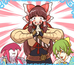 1boy 2girls belt black_gloves blue_eyes blunt_bangs blush bow brown_belt brown_eyes brown_hair closed_mouth commentary_request cookie_(touhou) cosplay crossover daiyousei diyusi_(cookie) eyeshadow fingerless_gloves gloves green_hair hair_bow hakumai_(nicoseiga80737518) hakurei_reimu kuji-in link link_(cosplay) long_hair looking_at_viewer makeup manatsu_no_yo_no_inmu miura_daisenpai mole mole_under_mouth multiple_girls nintendo open_mouth ponytail red_bow rurima_(cookie) short_hair sidon smile stealth_set_(zelda) the_legend_of_zelda the_legend_of_zelda:_breath_of_the_wild touhou upper_body urbosa yellow_bow yellow_eyeshadow yellow_neckwear zora