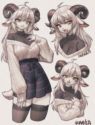 1girl ahoge animal_ears bad_id bad_twitter_id black_sweater black_thighhighs cable_knit cropped_legs cropped_torso curled_horns furry furry_female goat_ears goat_girl goat_horns goat_tail grey_background grey_hair hand_on_own_chest high-waist_skirt highres horizontal_pupils horns long_hair multiple_views nonoka917 off-shoulder_sweater off_shoulder open_mouth original ribbed_sweater signature skirt smile solo sweater sweater_tucked_in thighhighs turtleneck turtleneck_sweater white_sweater yellow_eyes zettai_ryouiki