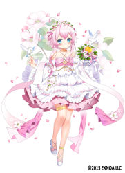 Rule 34 | 1girl, ahoge, bare legs, bird, blue eyes, bouquet, bow, bride, closed mouth, collarbone, detached sleeves, dress, dress bow, flat chest, flower, flower knight girl, full body, hair flower, hair ornament, head wreath, holding, holding bouquet, jewelry, kurot, layered dress, looking at viewer, name connection, object namesake, official art, petals, pink bow, pink hair, raised eyebrows, ringo (flower knight girl), shoes, short hair, simple background, smile, solo, thighlet, wedding dress, white background, white bird, white dress, white shoes, white sleeves
