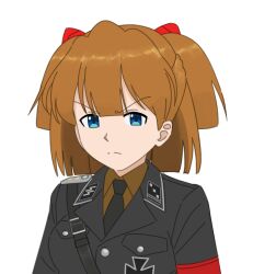 1girl alternate_hairstyle armband black_cat03 black_jacket black_necktie blue_eyes brown_shirt collar_tabs evangelion:_3.0+1.0_thrice_upon_a_time highres jacket nazi necktie neon_genesis_evangelion rebuild_of_evangelion red_armband shirt short_hair solo souryuu_asuka_langley ss_insignia two_side_up upper_body v-shaped_eyebrows waffen-ss