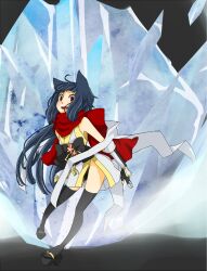 Rule 34 | 1girl, alternate color, animal ears, black gloves, black hair, black sandals, black sash, black thighhighs, blush, bow, cat ears, cat girl, commentary request, dress, fingerless gloves, full body, gloves, grey background, ice, long hair, looking at viewer, meiko (nattu303), ninja, ninja (ragnarok online), no panties, obi, okobo, open mouth, platform sandals, ragnarok online, red eyes, red scarf, sandals, sash, scarf, short dress, sleeveless, sleeveless dress, smile, solo, thighhighs, vambraces, very long hair, waist bow, white dress