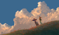 1boy 1girl blue_shirt blue_sky brown_hair character_request closed_eyes cloud cloudy_sky copyright_request facing_another field flower flower_field grass grey_skirt hair_between_eyes highres holding holding_flower ibuki_satsuki long_skirt midriff navel open_mouth outstretched_arms red_flower scenery shirt skirt sky smile walking wide_sleeves