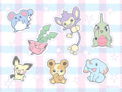 Rule 34 | aipom, akanbe, arm up, black eyes, bright pupils, covering own mouth, eyelid pull, gen 2 pokemon, grin, hoppip, larvitar, marill, nintendo, no humans, one eye closed, open mouth, outline, phanpy, pichu, plaid background, pokemon, pokemon (creature), red eyes, rio (rio0v0o), smile, star (symbol), teddiursa, tongue, tongue out, white outline, white pupils, yellow eyes