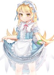 1girl apron arms_at_sides bare_shoulders blonde_hair blue_dress blue_nails blush closed_mouth clothes_lift detached_sleeves dot_nose dress dress_lift embarrassed expressionless eyebrows_hidden_by_hair eyelashes feet_out_of_frame female_focus fingernails frilled_dress frills lifting_own_clothes loli lolita_fashion long_fingernails long_hair looking_at_viewer maid maid_headdress matching_hair/eyes meemz_a monogatari_(series) nail_polish oshino_shinobu pantyhose pointy_ears short_sleeves simple_background sleeveless sleeveless_dress solo standing two-tone_dress vampire white_apron white_background white_dress white_pantyhose white_sleeves yellow_eyes