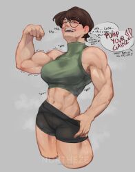 abs biceps black_shorts brown_hair english_text flexing green_shorts highres muscular muscular_female norutheze original round_eyewear shiny_skin short_hair shorts simple_background speech_bubble sweat teeth veins veiny_arms