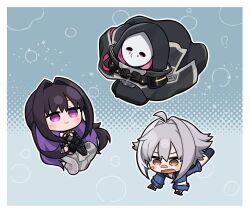 3girls ahoge bandaid bandaid_on_face bandaid_on_nose blue_jumpsuit border colored_inner_hair falling fingerless_gloves gloves goddess_of_victory:_nikke grey_hair hair_intakes hood jumpsuit long_sleeves mask mihara_(bonding_chain)_(nikke) mihara_(nikke) mori_(nikke) multicolored_hair multiple_girls open_mouth pink_hair purple_eyes purple_hair short_hair sidelocks streaked_hair totatokeke white_border yuni_(chimera)_(nikke)