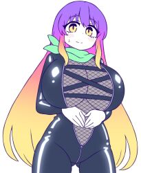 1girl black_bodysuit blonde_hair blush bodysuit breasts center_opening cleavage closed_mouth cowboy_shot cross-laced_clothes fishnet_top fishnets gradient_hair green_scarf hijiri_byakuren huge_breasts ketsumaimo leather leather_suit long_hair looking_at_viewer multicolored_hair partially_unzipped purple_hair scarf sidelocks simple_background smile solo touhou turbo_byakuren white_background yellow_eyes