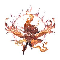 1girl animal_ears anthuria bare_shoulders black_thighhighs bracelet breasts cleavage detached_sleeves dress elbow_gloves erune fiery_wings fire full_body gloves granblue_fantasy hair_ornament jewelry light_blush long_hair looking_at_viewer medium_breasts minaba_hideo official_art open_mouth outstretched_arms overskirt red_dress red_eyes red_hair short_dress single_elbow_glove single_glove smile solo thighhighs transparent_background wings zettai_ryouiki