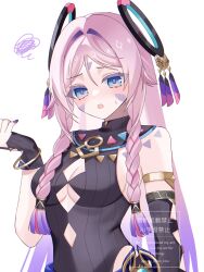 1girl bare_shoulders black_gloves blue_eyes blush braid breasts citlali_(genshin_impact) cleavage commentary facial_mark fingerless_gloves fingernails floating_headgear forehead_mark genshin_impact gloves hand_up headgear heattech_leotard highres kino_(curry_pan) leotard long_hair looking_at_viewer medium_breasts multicolored_hair nail_polish open_mouth pink_hair pink_pupils purple_hair purple_nails simple_background solo squiggle triangle triangle_facial_mark turtleneck twin_braids very_long_hair white_background