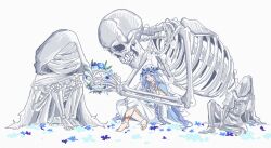 1girl absurdres barefoot blue_eyes blue_flower blue_hair bridal_veil commentary doll_joints dress elden_ring elden_ring_nightreign english_commentary flower head_wreath highres joints long_hair revenant_(elden_ring) sitting skeleton veil velmonair very_long_hair white_background white_dress