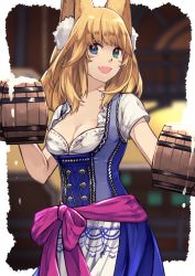 1girl animal_ear_fluff animal_ears warrior_of_light_(ff14) barmaid beer_mug blonde_hair blue_eyes border breasts character_request cleavage copyright_request cup final_fantasy final_fantasy_xiv foam highres looking_at_viewer medium_breasts medium_hair mug oji_(nyantyu081) outside_border purple_ribbon ribbon smile solo white_border