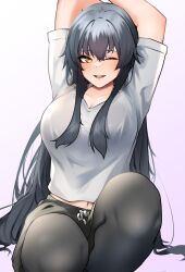 1girl alternate_costume alternate_hairstyle black_hair black_pantyhose black_shorts brown_eyes hair_down highres kantai_collection long_hair one_eye_closed pantyhose pantyhose_under_shorts shirt shorts solo stretching white_shirt yahagi_(kancolle) z_(knkr1025)