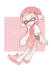 Rule 34 | 1girl, black shorts, closed eyes, closed mouth, commentary, dolphin shorts, hair ornament, hairclip, heart, highres, inkling, inkling girl, inkling player character, kuon gtoma, long hair, nintendo, pink hair, pink slippers, pointy ears, shirt, shorts, slippers, smile, solo, splatoon (series), splatoon 3, symbol-only commentary, tentacle hair, white shirt