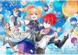 1boy 1girl absurdres adol_christin amano_toshi balloon blonde_hair blue_sky braid character_request closed_mouth cloud detached_sleeves double-parted_bangs english_text green_eyes hair_between_eyes happy_birthday highres holding holding_balloon holding_party_popper jacket jewelry karja_balta long_hair open_mouth party_popper pendant ponytail red_hair short_hair side_braid single_braid sky smile ys ys_x:_nordics