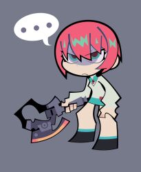 ... 1girl amate_yuzuriha aqua_eyes aqua_shirt aqua_skirt chibi frown full_body grey_background gundam gundam_gquuuuuux hashtag-only_commentary highres hillmyna holding holding_weapon long_sleeves looking_at_viewer necktie red_hair school_uniform shirt short_hair simple_background skirt solo spoken_ellipsis striped_necktie sweater toon_(style) two-tone_necktie v-shaped_eyebrows weapon