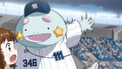 1boy anthropomorphic ballpark_de_tsukamaete! baseball_uniform chiba_motorsuns crowd giantsalamander highres mascot number_346 salamander smile solo sportswear stadium sun-shiro_(ballpark_de_tsukamaete!)