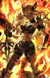 1girl absurdres armor blonde_hair blue_eyes breasts cleavage cleavage_cutout clothing_cutout crop_top fire highres holding holding_sword holding_weapon huge_weapon long_hair looking_at_viewer magik_(x-men) marvel marvel_rivals meltyrice midriff navel short_shorts shorts solo sword weapon x-men