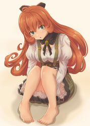 1girl bare_legs barefoot black_choker black_ribbon brown_hair choker dress_shirt freckles full_body green_eyes green_skirt head_tilt hugging_own_legs long_hair long_sleeves miniskirt moai_(moai_world) neck_ribbon penny_polendina pink_background ribbon rwby shirt skirt solo suspender_skirt suspenders very_long_hair white_shirt