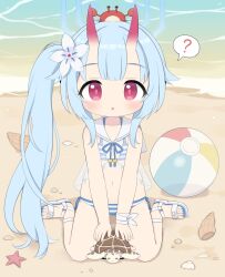 1girl ? animal animal_on_head ball beach beachball bikini blue_archive blue_hair blue_halo blush chise_(blue_archive) chise_(swimsuit)_(blue_archive) collarbone crab flower hair_flower hair_ornament halo highres horns long_hair ocean official_alternate_costume on_head oni_horns parted_lips poco_(zdrq3) red_eyes red_horns sailor_collar sandals side_ponytail sitting solo spoken_question_mark starfish striped_bikini striped_clothes swimsuit turtle wariza water white_flower white_sailor_collar