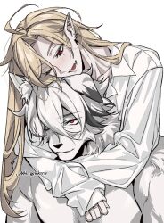 2boys :d animal_ears blonde_hair blush fangs furry furry_male hugo_vlad long_hair maka_(mksrw) male_focus multiple_boys one_eye_closed open_mouth pointy_ears shirt short_hair smile topless_male von_lycaon white_background white_hair white_shirt wolf_boy wolf_ears yaoi zenless_zone_zero