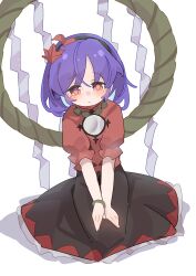 1girl absurdres black_hairband black_skirt blush closed_mouth gumingdi_ban hair_ornament hairband highres leaf leaf_hair_ornament medium_hair purple_hair red_eyes red_shirt red_skirt rope shide shimenawa shirt short_sleeves simple_background skirt solo touhou two-tone_skirt white_background yasaka_kanako
