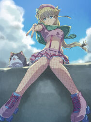 1girl agnes_claudel beret blonde_hair blue_eyes blue_sky bun_with_braided_base chiharu_(9654784) cloud crop_top double-parted_bangs eiyuu_densetsu fishnet_thighhighs fishnets floating_hair floating_scarf frilled_skirt frills green_eyes hair_between_eyes hair_bun hat highres kai_no_kiseki kuro_no_kiseki_(series) long_hair looking_at_viewer midriff mishy navel outdoors red_hat roller_skates scarf single_side_bun sitting skates skirt sky smile solo stuffed_animal stuffed_toy suspender_skirt suspenders thighhighs v