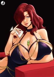 1girl between_breasts breasts brown_eyes cleavage couch curvy dress drink female_focus fingernails hair_over_one_eye highres huge_breasts jacogramc long_fingernails long_hair looking_at_viewer lupin_iii makeup mine_fujiko mole mole_under_mouth olive one_eye_covered red_hair simple_background sitting smile solo thick_lips wavy_hair wet