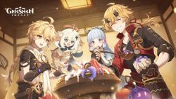 2boys 2girls aether_(genshin_impact) ahoge armor ayaka_(genshin_impact) blonde_hair blunt_bangs blush braid cake chopsticks closed_eyes commentary dog_tags dress ear_piercing earrings english_commentary fake_horns fingerless_gloves foam food genshin_impact gloves grin hair_ornament hair_ribbon halo headband holding holding_chopsticks horned_headwear horns indoors japanese_armor japanese_clothes jewelry logo long_hair mole mole_under_eye multiple_boys multiple_girls mushroom notice_lines official_art open_mouth paimon_(genshin_impact) piercing ponytail pot ribbon sidelocks single_braid single_earring slime_(genshin_impact) smile sweat tentacles thoma_(genshin_impact) white_dress white_hair