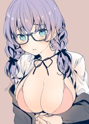 1girl absurdres black-framed_eyewear black_jacket black_ribbon blue_eyes blush bra braid breasts brown_background cleavage collared_shirt commentary dress_shirt eyelashes fingernails front-tie_bra front-tie_top frown glasses hair_ribbon halterneck highres huge_breasts jacket long_hair looking_at_viewer nail_polish neck_ribbon open_clothes open_shirt original parted_lips pink_bra pink_nails purple_hair ribbon shirt simple_background solo string_bra string_pull twin_braids twitter_username underwear upper_body white_shirt wing_collar yu_yu