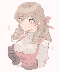 1girl bow clenched_hand dress drill_hair gloves hair_bow highres multiple_drills noshima pink_bow pink_dress pink_eyes scarlett_(unicorn_overlord) simple_background solo sweater turtleneck turtleneck_sweater unicorn_overlord upper_body white_background white_sweater