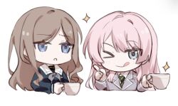 &gt;_o 2girls bang_dream! bang_dream!_it&#039;s_mygo!!!!! blue_eyes blue_shirt brown_hair chihaya_anon chinese_commentary collared_shirt commentary_request cup green_necktie grey_eyes grey_jacket grey_neckerchief haneoka_school_uniform highres holding holding_cup jacket licking_lips long_hair looking_at_another looking_at_viewer multiple_girls muonrei00 nagasaki_soyo neckerchief necktie one_eye_closed open_mouth pink_hair sailor_collar school_uniform shirt simple_background sparkle teacup tongue tongue_out tsukinomori_school_uniform white_background white_sailor_collar white_shirt