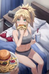 1girl 1other bed blonde_hair blush bra braid breasts burger cheese commentary_request cup disposable_cup drink drinking_straw eating fate/apocrypha fate_(series) feet_out_of_frame food french_fries green_eyes grey_panties grey_sports_bra half_up_braid highres holding holding_cup holding_drink holding_food indoors ketchup long_hair looking_at_another looking_at_viewer mordred_(fate) mordred_(fate/apocrypha) no_pants on_bed panties parted_bangs pillow ponytail red_bra red_panties red_scrunchie scrunchie sidelocks sitting small_breasts sports_bra tonee underwear underwear_only unworn_bra