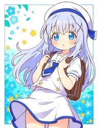 1girl backpack bag blue_eyes blue_hair blue_necktie brown_bag flat_chest gochuumon_wa_usagi_desu_ka? hair_ornament hat kafuu_chino long_hair looking_at_viewer necktie onyhakase open_mouth school_uniform shirt skirt solo white_hat white_shirt white_skirt x_hair_ornament