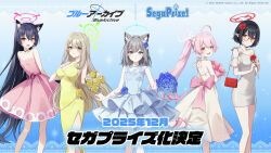Rule 34 | 5girls, animal ear fluff, animal ears, arms behind back, ayane (blue archive), back bow, bare shoulders, blue archive, blue dress, blue eyes, blue flower, blue rose, bow, brown hair, cat ears, cat girl, closed mouth, dress, dress flower, flower, foreclosure task force (blue archive), glasses, green dress, green eyes, grey hair, hair between eyes, heterochromia, highres, hoshino (blue archive), long hair, looking at viewer, multiple girls, nonomi (blue archive), official alternate costume, official art, open mouth, pink bow, pink dress, pink flower, pink rose, pointy ears, red eyes, rose, serika (blue archive), shiroko (blue archive), short hair, smile, standing, white dress, white flower, white rose, wolf ears, wolf girl, yellow flower, yellow rose