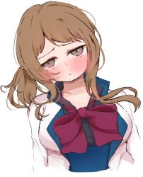 1girl absurdres arms_at_sides assault_lily black_shirt blush bow bowtie breasts brown_hair buttons chitonimu cleavage collared_shirt commentary_request cropped_arms cropped_torso grey_eyes hair_ornament head_tilt herensuge_girls_academy_school_uniform highres iijima_renka jacket large_breasts long_hair long_sleeves looking_at_viewer low_side_ponytail open_clothes open_jacket parted_lips red_bow red_bowtie school_uniform shirt side_ponytail sidelocks simple_background solo star_(symbol) star_hair_ornament underbust upper_body white_background white_jacket