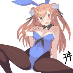1girl alternate_costume animal_ear_hairband animal_ears black_neckerchief black_pantyhose blue_leotard blush breasts covered_navel detached_collar enoki_p fake_animal_ears hair_between_eyes hairband hashtag-only_commentary highleg highleg_leotard highres johnston_(kancolle) kantai_collection leotard long_hair looking_at_viewer medium_breasts neckerchief nontraditional_playboy_bunny one-hour_drawing_challenge open_mouth orange_hair pantyhose rabbit_ear_hairband rabbit_ears red_eyes sidelocks simple_background sitting solo strapless strapless_leotard translation_request two_side_up white_background wrist_cuffs