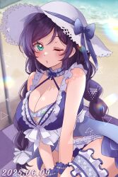 1girl absurdres bare_shoulders bikini blush braid breasts cleavage dated frilled_bikini frills green_eyes hat highres large_breasts layered_bikini long_hair looking_at_viewer love_live! midori_oekk ocean one_eye_closed outdoors purple_hair solo swimsuit thigh_strap tojo_nozomi twin_braids wrist_cuffs