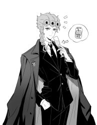 1boy arrow_(symbol) braid braided_ponytail brooch can champagne_flute chuchumimipupu coat coat_on_shoulders commentary_request cowboy_shot cup drinking_glass formal_clothes giorno_giovanna greyscale hair_over_shoulder hand_in_pocket highres holding holding_cup jewelry jojo_no_kimyou_na_bouken ladybug_ornament male_focus monochrome necktie single_braid smile solo suit vento_aureo